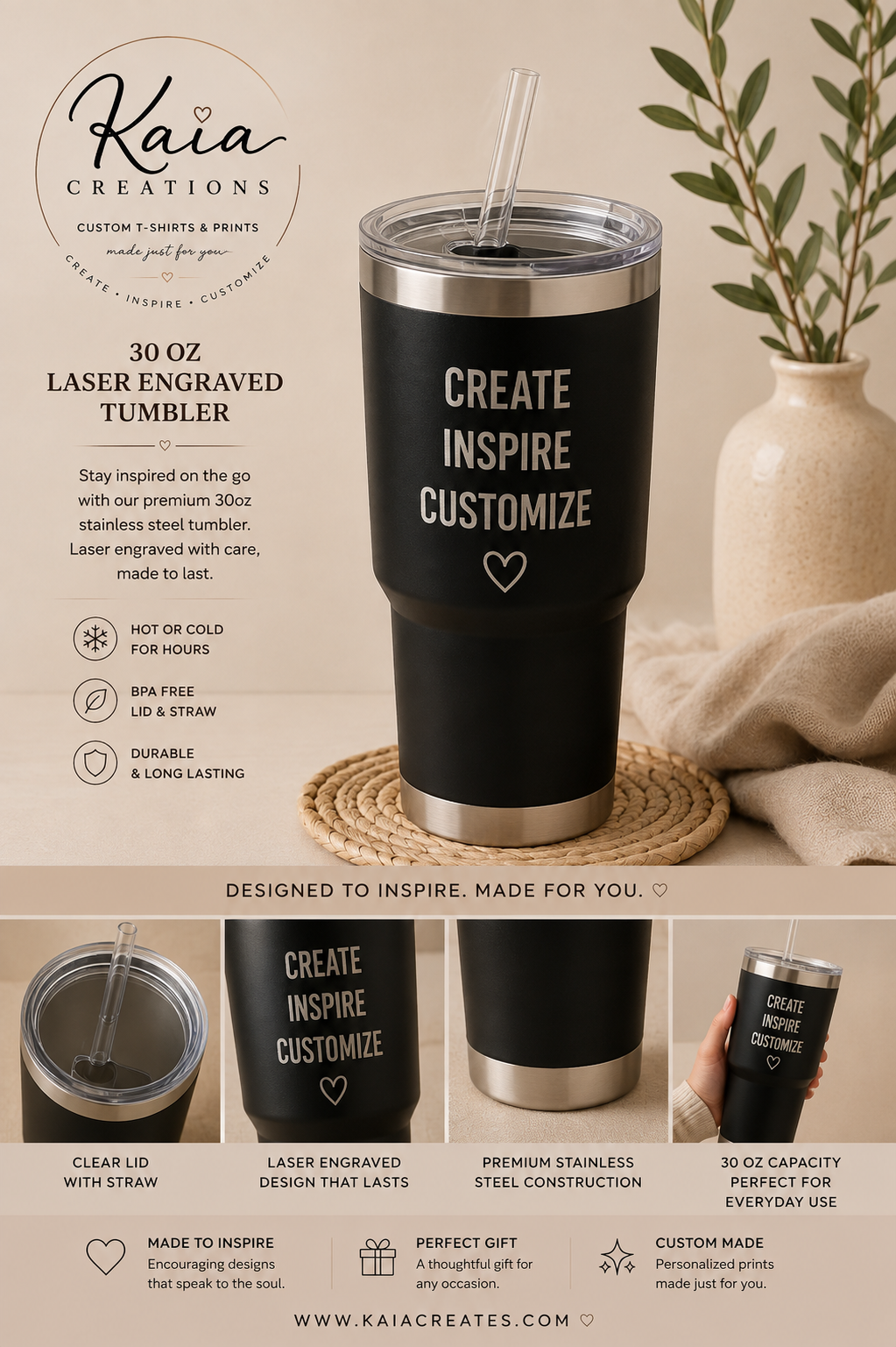 Create Inspire Customize 30oz Laser Engraved Tumbler – Stainless Steel Travel Cup